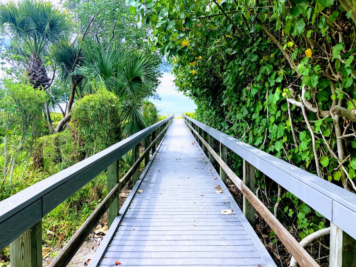 Wooden boardwalk through Sanibel Island nature preserve