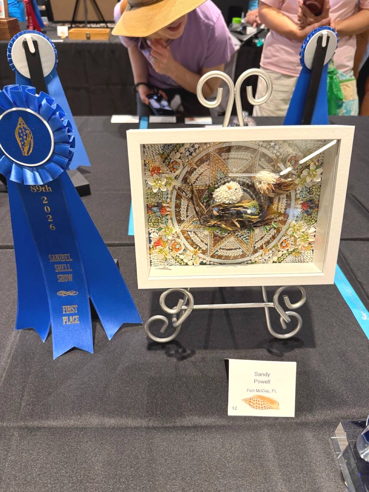 Shell art shadow box with bird and floral scene — first place, Sandy Powell